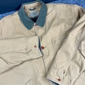 LL Bean Mens XL Canvas Chore Barn Jacket Corduroy Collar W/Plaid Liner